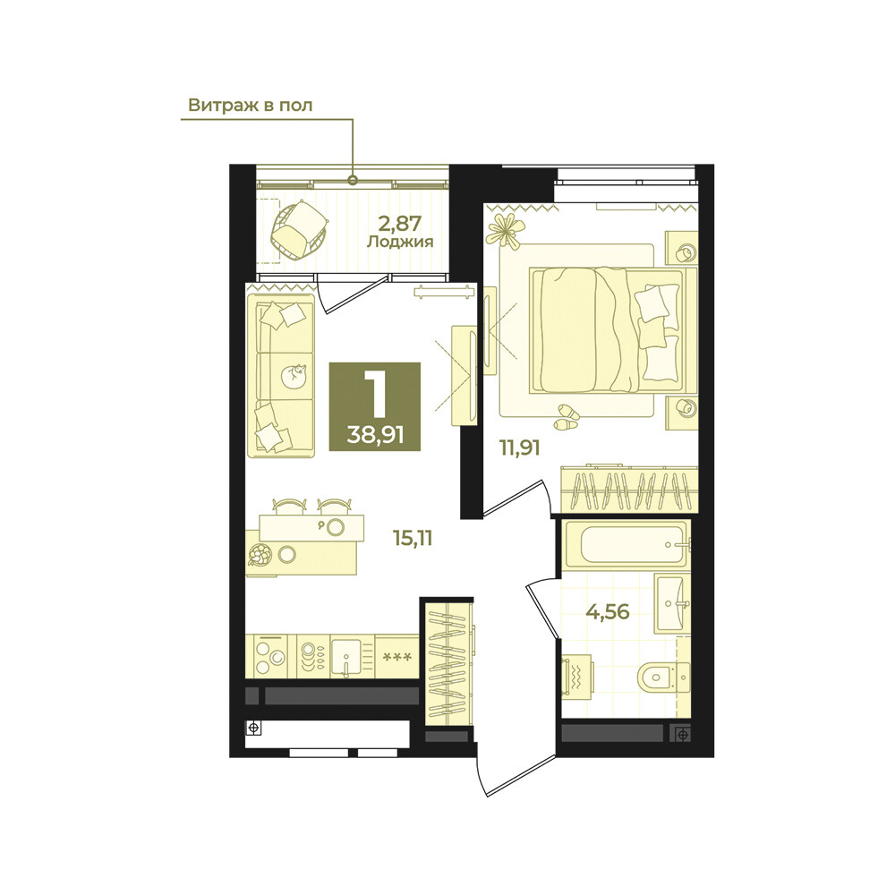1 к. квартира, Б-26 III очередь очередь, ул. Блюхера, д. 26, корпус Секция 5,  кв. 698, пд.5, эт. 11/31, 38,91 м², 7 760 000 ₽, 199 435 ₽/м²