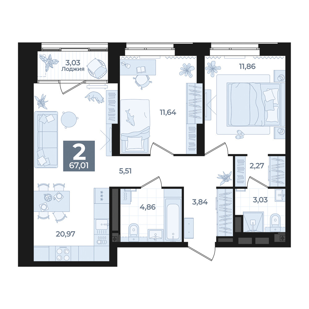 2 к. квартира, Б-26 III очередь очередь, ул. Блюхера, д. 26, корпус Секция 5,  кв. 642, пд.5, эт. 5/31, 67,01 м², 11 320 000 ₽, 168 930 ₽/м²