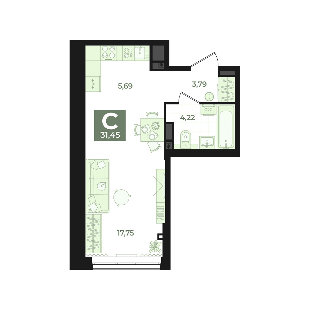 1 к. квартира (студия), Б-26 III очередь очередь, ул. Блюхера, д. 26, корпус Секция 5,  кв. 659, пд.5, эт. 7/31, 31,45 м², 6 860 000 ₽, 218 124 ₽/м²