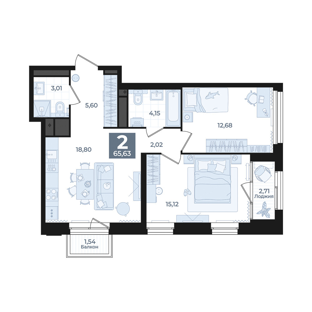 2 к. квартира, Б-26 III очередь очередь, ул. Блюхера, д. 26, корпус Секция 5,  кв. 818, пд.5, эт. 24/31, 65,63 м², 13 590 000 ₽, 207 070 ₽/м²