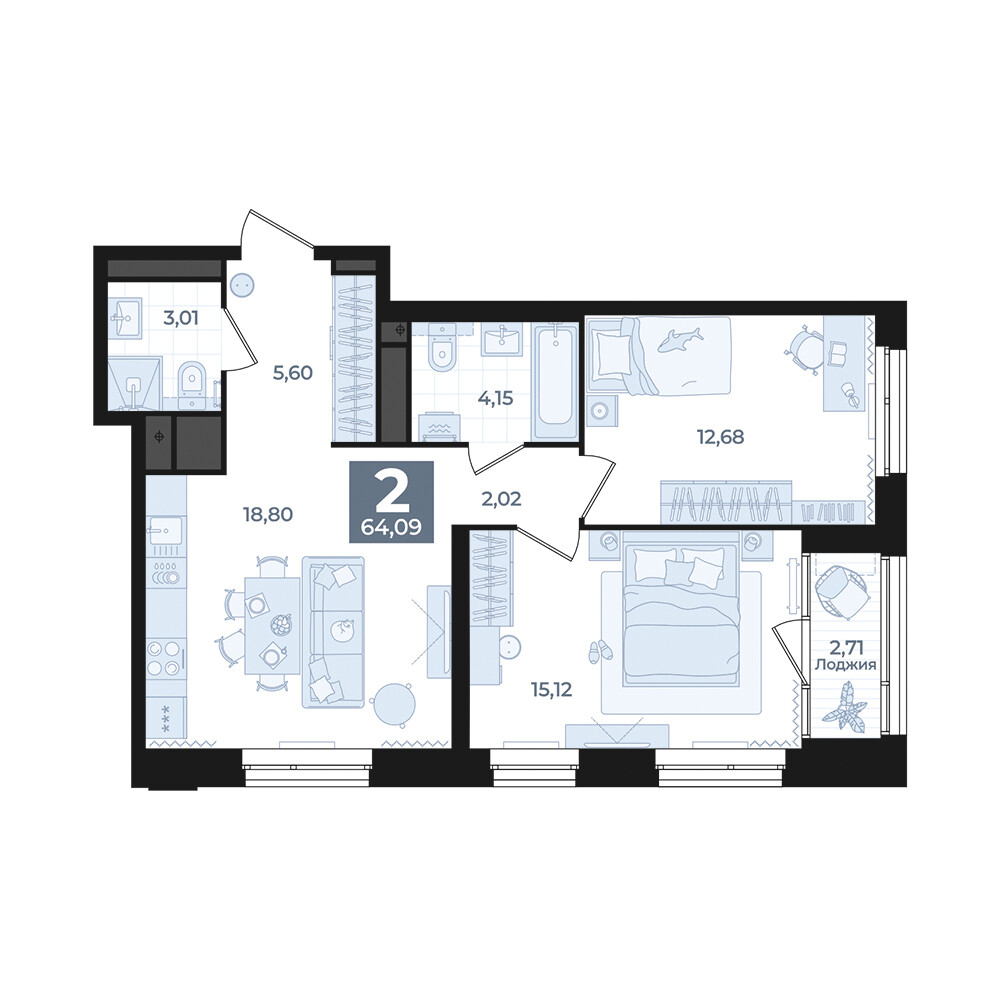 2 к. квартира, Б-26 III очередь очередь, ул. Блюхера, д. 26, корпус Секция 5,  кв. 737, пд.5, эт. 15/31, 64,09 м², 12 490 000 ₽, 194 882 ₽/м²