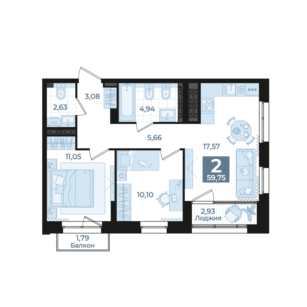 2 к. квартира, Б-26 I очередь очередь, ул. Блюхера, д. 26, корпус Секция 1,  кв. 181, пд.1, эт. 21/23, 59,75 м², 12 200 000 ₽, 204 184 ₽/м²