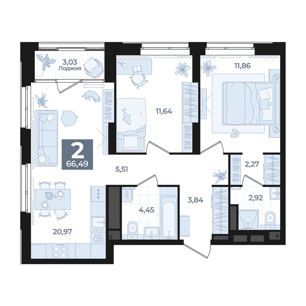 2 к. квартира, Б-26 III очередь очередь, ул. Блюхера, д. 26, корпус Секция 5,  кв. 732, пд.5, эт. 15/31, 66,49 м², 11 920 000 ₽, 179 275 ₽/м²