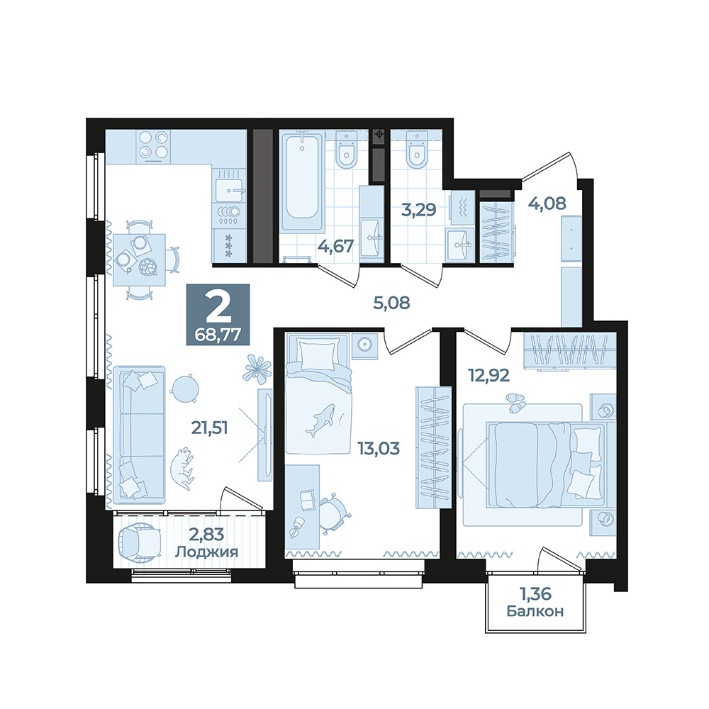 2 к. квартира, Б-26 II очередь очередь, ул. Блюхера, д. 26, корпус Секция 3,  кв. 341, пд.3, эт. 12/31, 68,77 м², 13 020 000 ₽, 189 327 ₽/м²