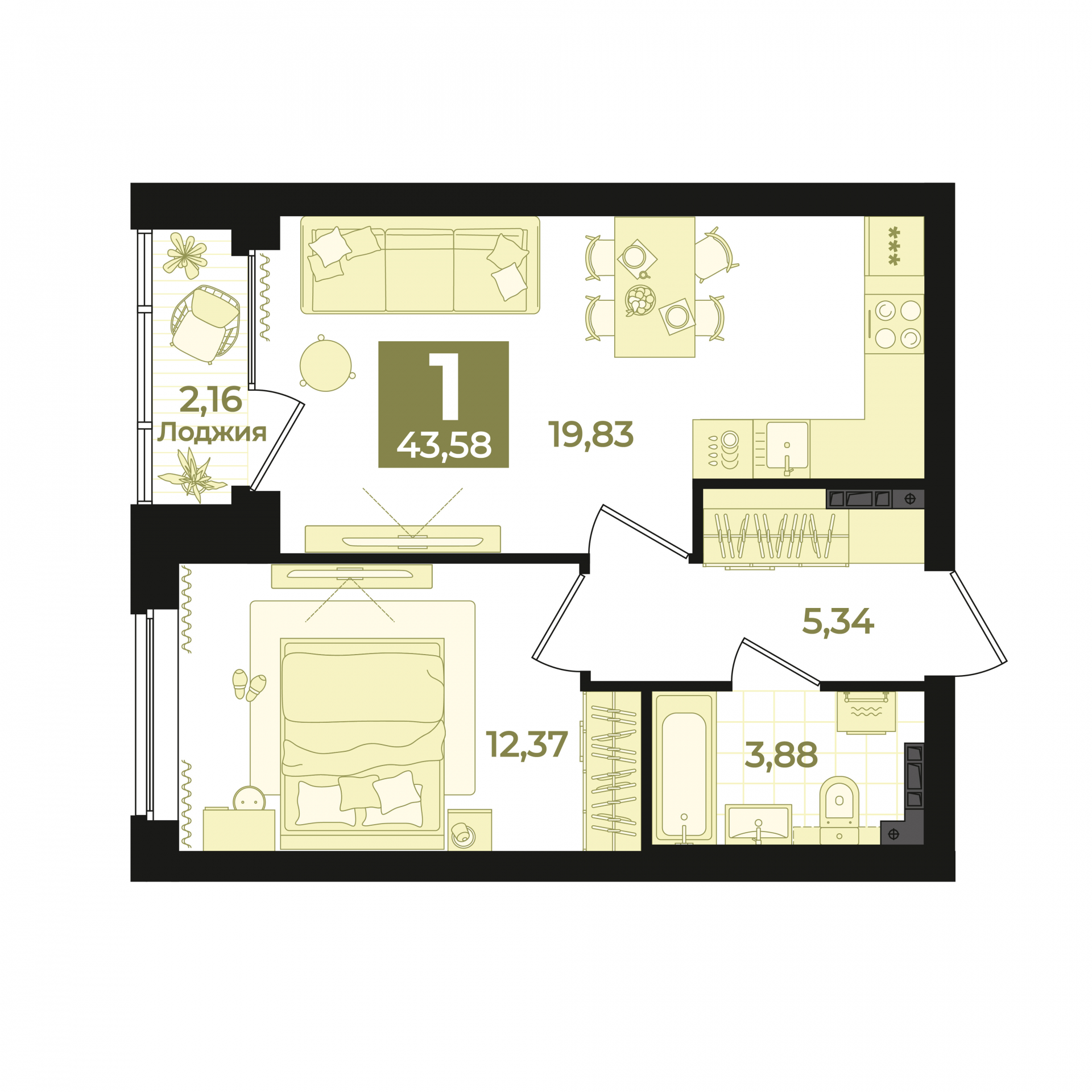 1 к. квартира, ЖК «Repin Towers» I очередь очередь, ул. Репина, д. 77, корпус Дом № 1, кв. 14, пд.1, эт. 3/32, 43,58 м², 9 100 000 ₽, 208 811 ₽/м²