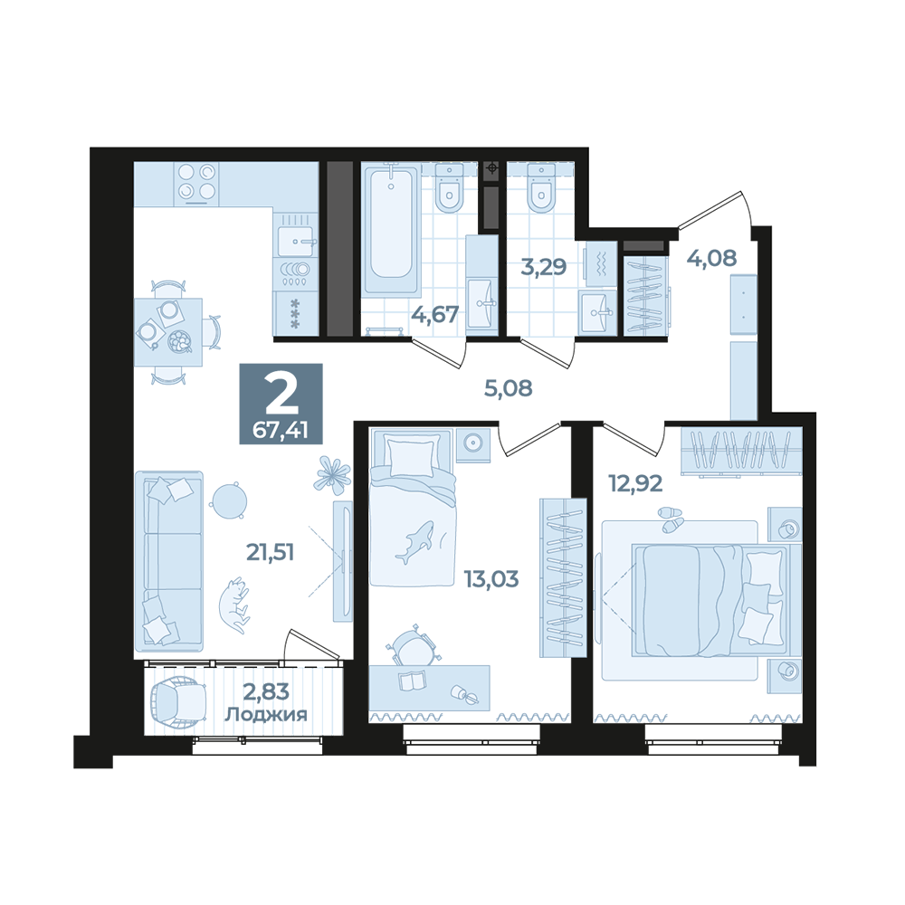 2 к. квартира, Б-26 II очередь очередь, ул. Блюхера, д. 26, корпус Секция 3, кв. 311, пд.3, эт. 9/31, 67,41 м², 13 570 000 ₽, 201 305 ₽/м²
