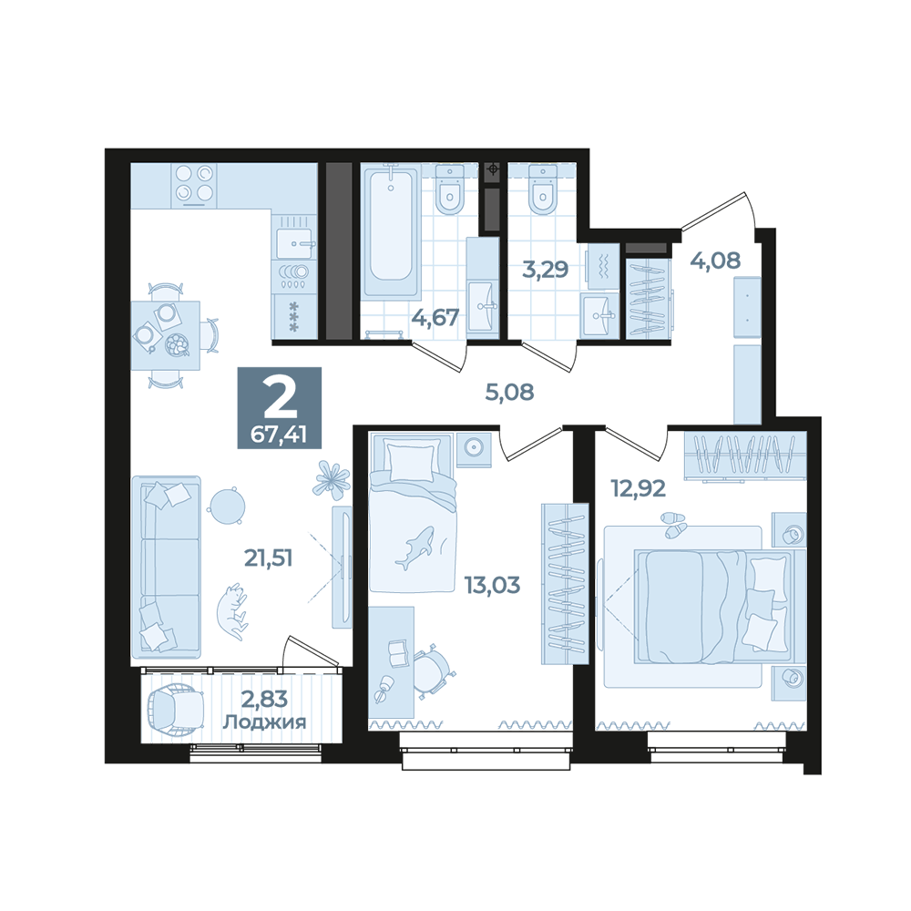 2 к. квартира, Б-26 II очередь очередь, ул. Блюхера, д. 26, корпус Секция 3,  кв. 331, пд.3, эт. 11/31, 67,41 м², 13 630 000 ₽, 202 196 ₽/м²