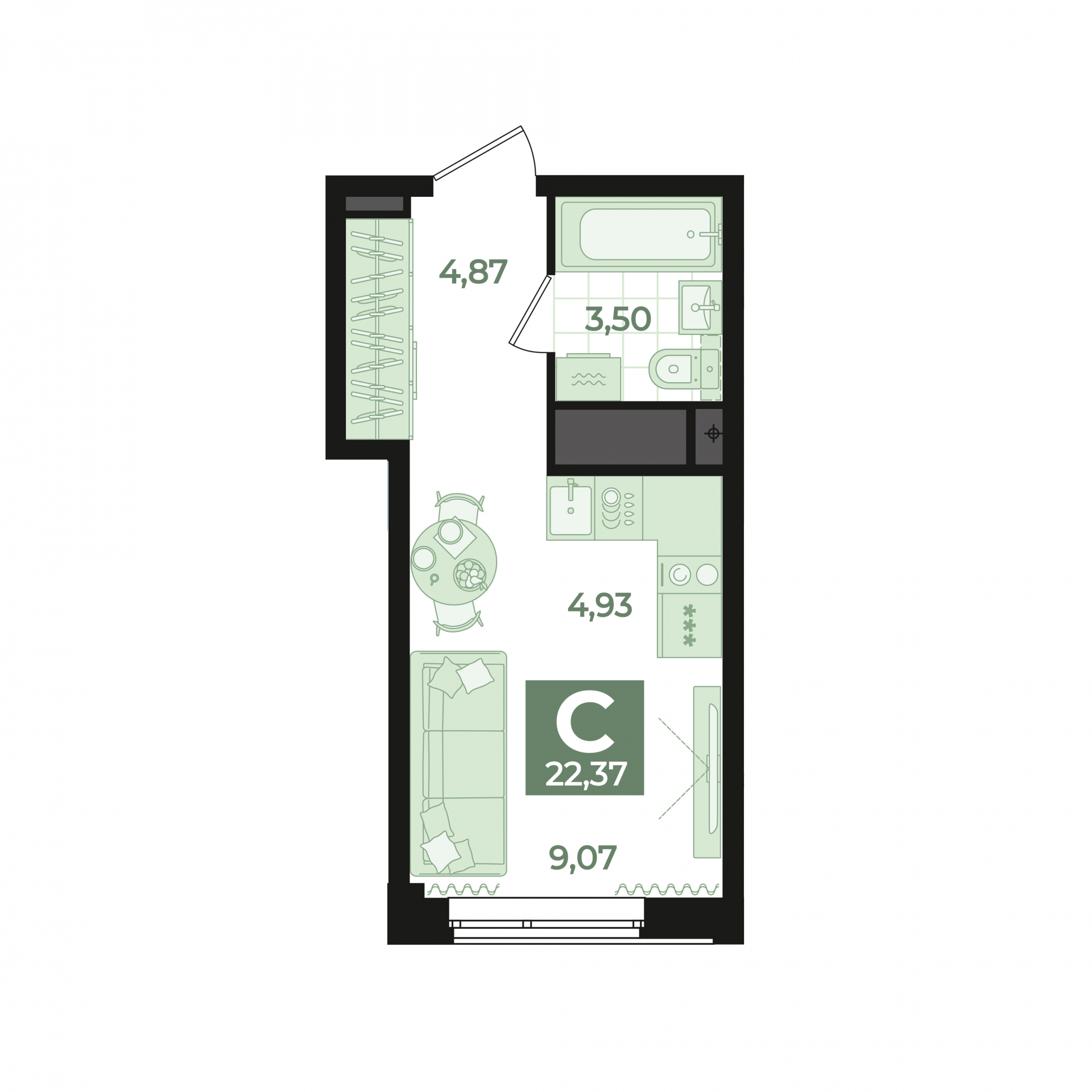 1 к. квартира (студия), Б-26 II очередь очередь, ул. Блюхера, д. 26, корпус Секция 3,  кв. 470, пд.3, эт. 25/31, 22,37 м², 6 480 000 ₽, 289 674 ₽/м²