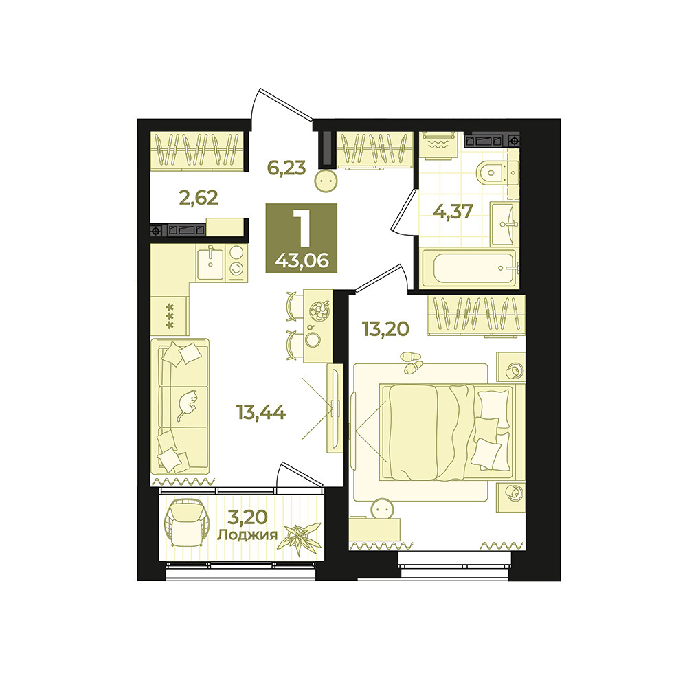1 к. квартира, Б-26 II очередь очередь, ул. Блюхера, д. 26, корпус Секция 4, кв. 569, пд.4, эт. 6/12, 43,06 м², 9 630 000 ₽, 223 641 ₽/м²