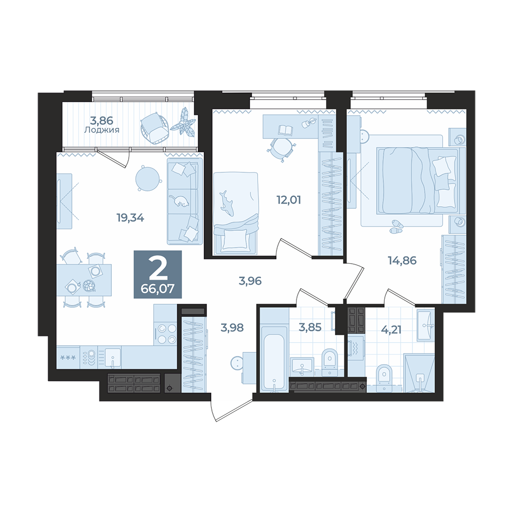 2 к. квартира, Б-26 I очередь очередь, ул. Блюхера, д. 26, корпус Секция 1, кв. 170, пд.1, эт. 20/23, 66,07 м², 13 000 000 ₽, 196 761 ₽/м²