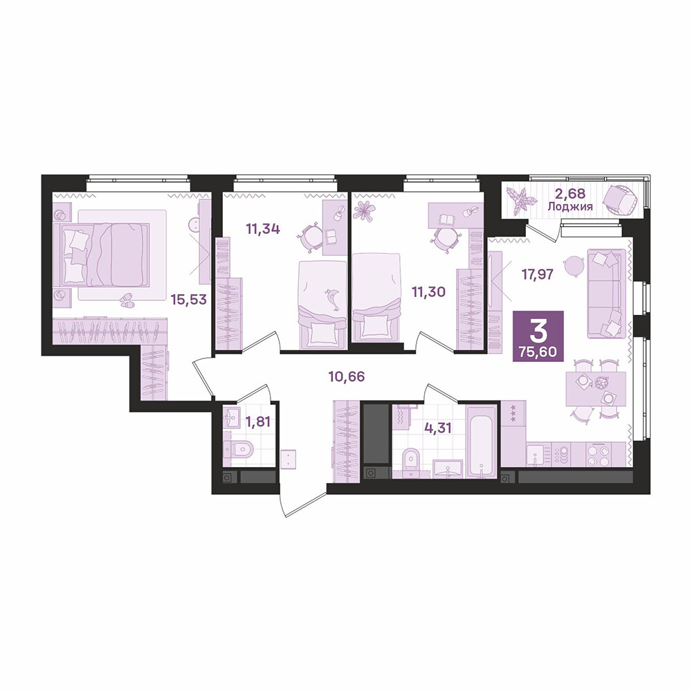 3 к. квартира, «Культурный», ул. Библиотечная, д. 44,  кв. 266, пд.1, эт. 24/26, 75,6 м², 14 640 000 ₽, 193 651 ₽/м²