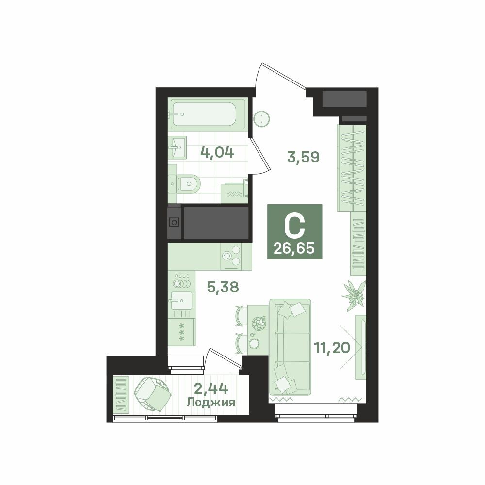 1 к. квартира (студия), «Культурный», ул. Библиотечная, д. 44,  кв. 176, пд.1, эт. 16/26, 26,65 м², 6 420 000 ₽, 240 901 ₽/м²