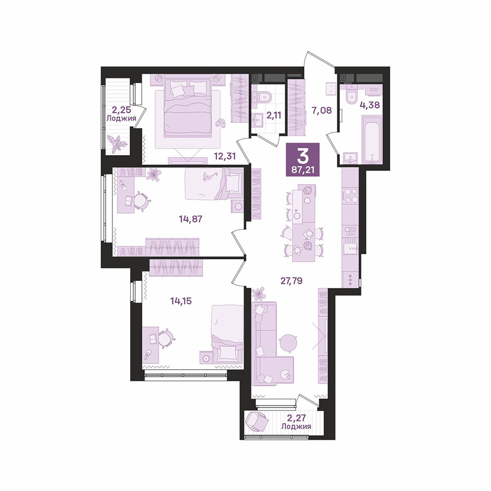 3 к. квартира, «Культурный», ул. Библиотечная, д. 44,  кв. 48, пд.1, эт. 6/26, 87,21 м², 14 290 000 ₽, 163 857 ₽/м²