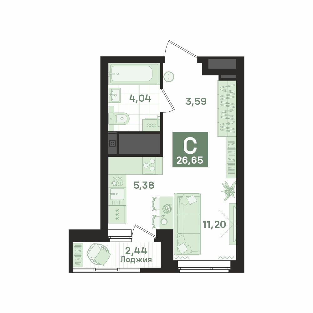 1 к. квартира (студия), «Культурный», ул. Библиотечная, д. 44,  кв. 164, пд.1, эт. 15/26, 26,65 м², 6 390 000 ₽, 239 775 ₽/м²