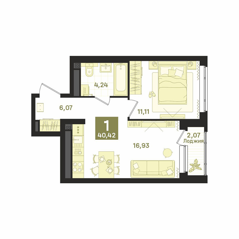 1 к. квартира, «Культурный», ул. Библиотечная, д. 44,  кв. 245, пд.1, эт. 22/26, 40,42 м², 8 570 000 ₽, 212 024 ₽/м²