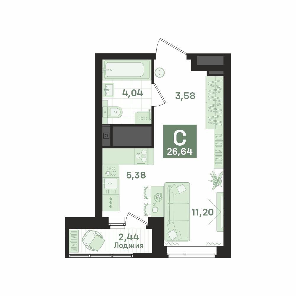 1 к. квартира (студия), «Культурный», ул. Библиотечная, д. 44,  кв. 200, пд.1, эт. 18/26, 26,64 м², 6 480 000 ₽, 243 243 ₽/м²