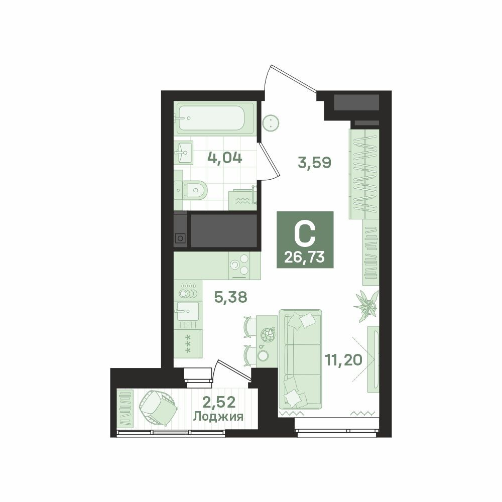 1 к. квартира (студия), «Культурный», ул. Библиотечная, д. 44,  кв. 8, пд.1, эт. 2/26, 26,73 м², 6 000 000 ₽, 224 467 ₽/м²